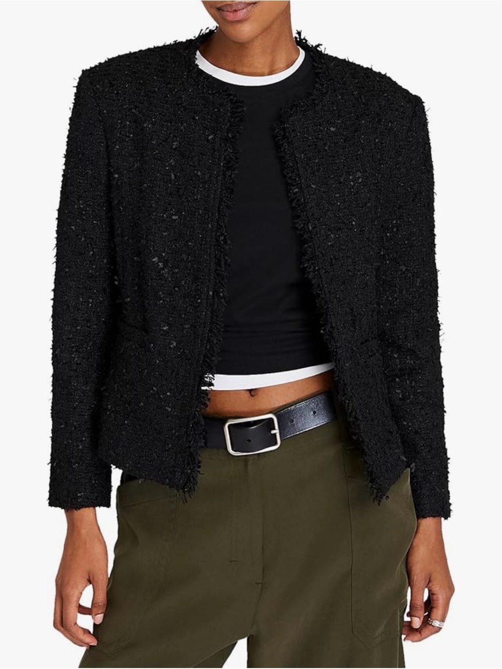Club Monaco Black Fringe-Trim Tweed Jacket